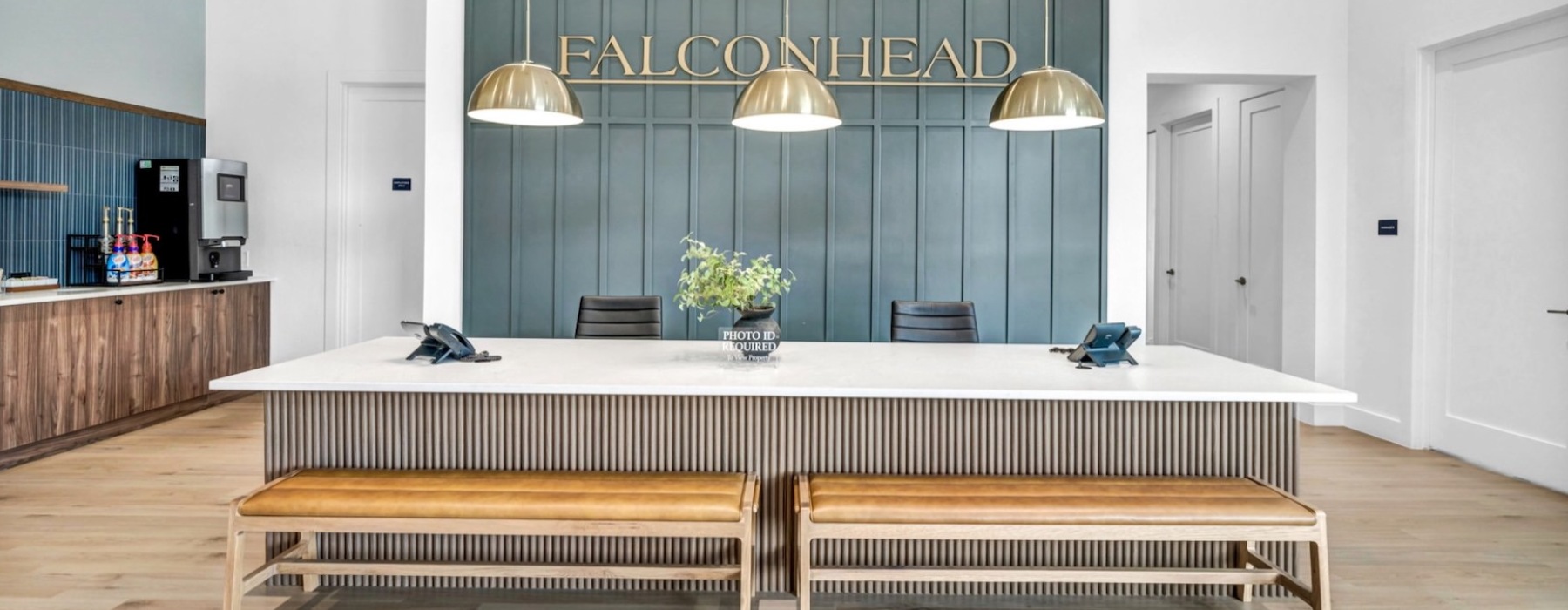 a leasing office with chairs and benches